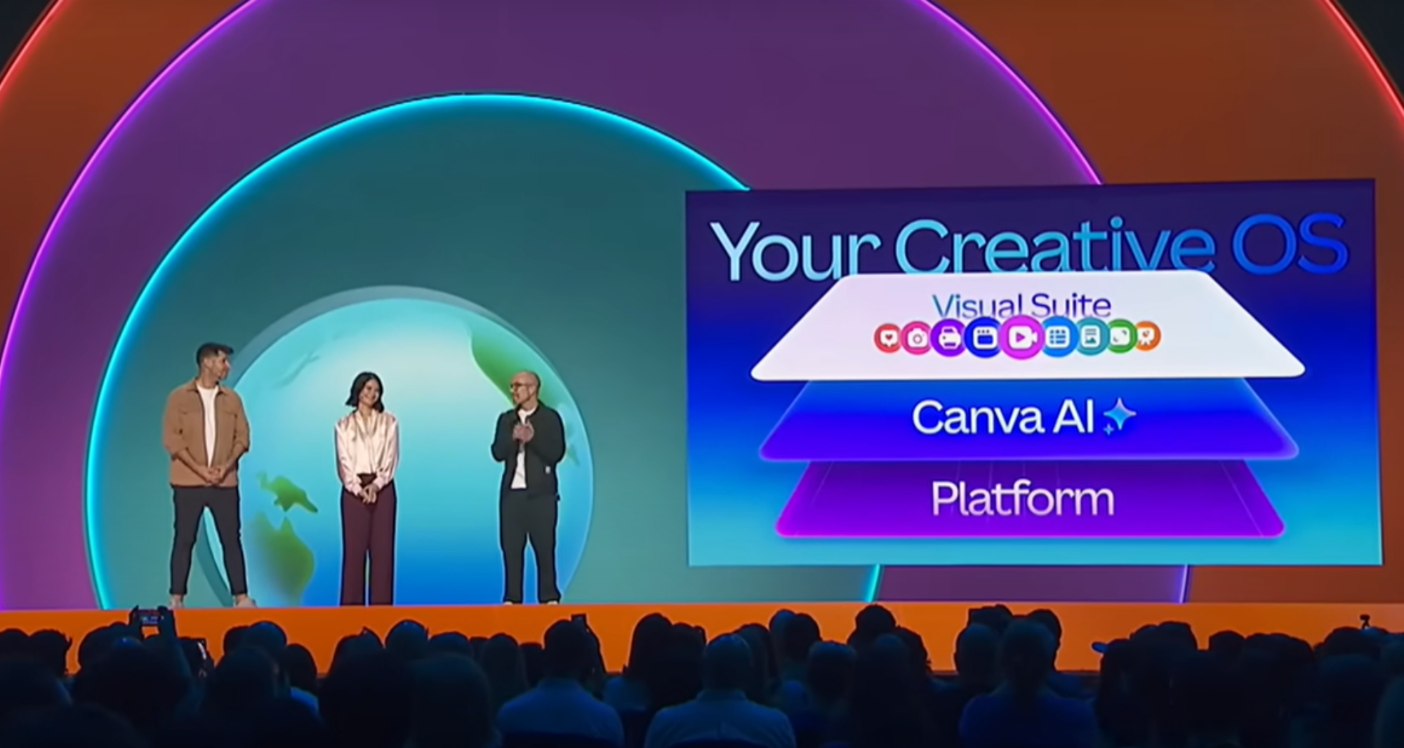 Canva co-founders presenting the Creative Operating System at the 2025 World Tour keynote