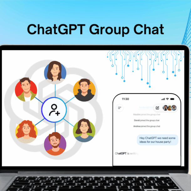 ChatGPT group chat interface showing collaborative AI conversation across laptop and mobile devices