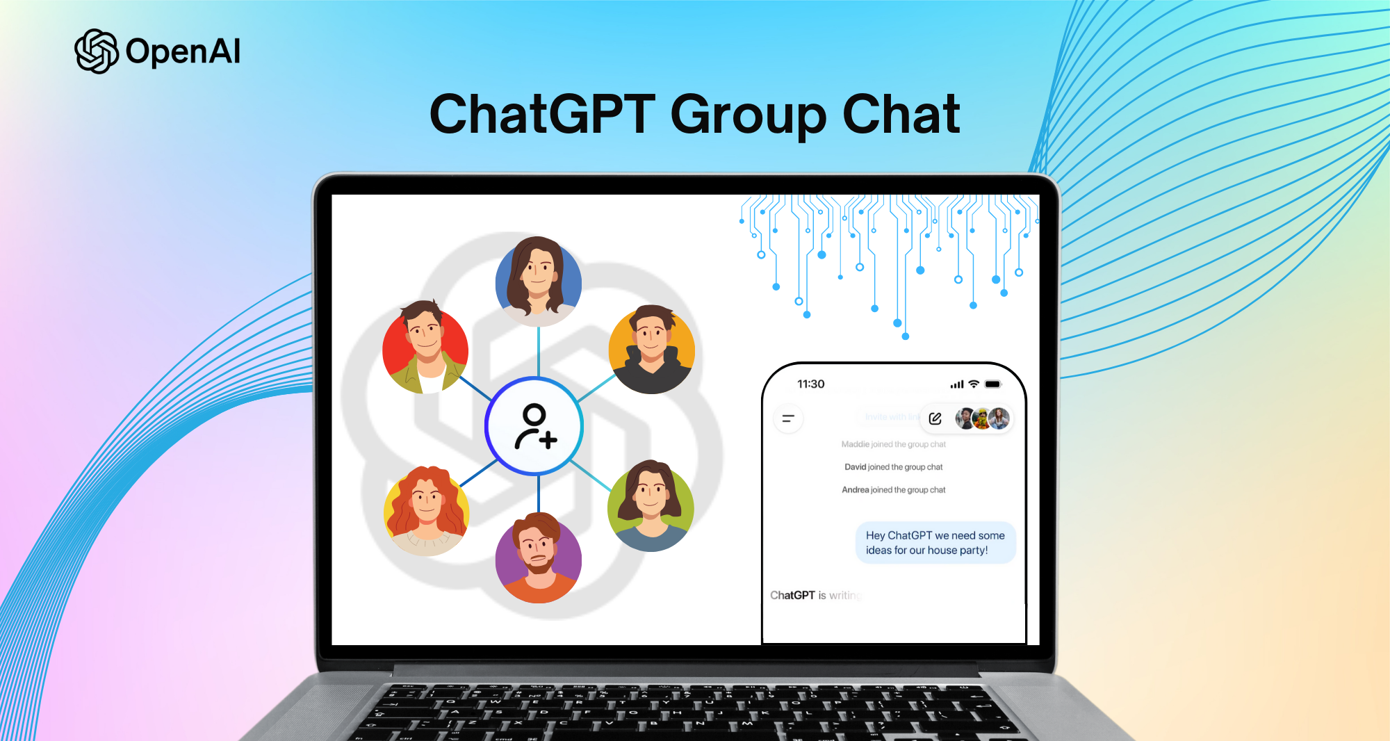 ChatGPT group chat interface showing collaborative AI conversation across laptop and mobile devices