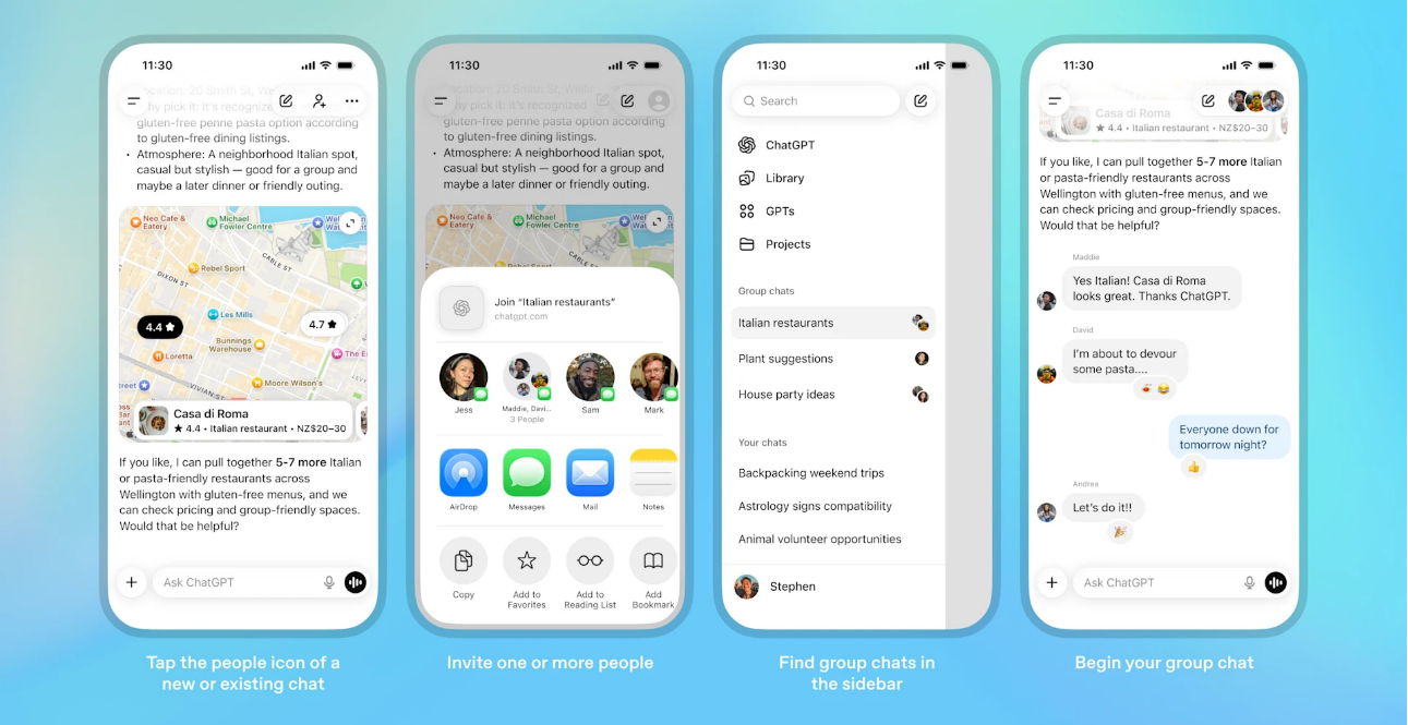 ChatGPT group chat interface showing themed conversations, member profiles, and collaborative planning tools