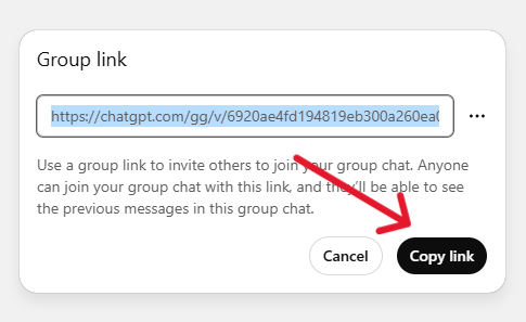 ChatGPT group chat invite link dialog showing copyable URL for team collaboration
