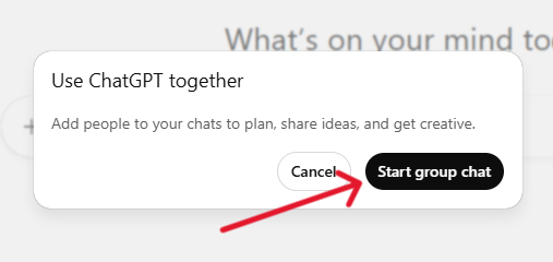ChatGPT group chat prompt with start button and profile setup options