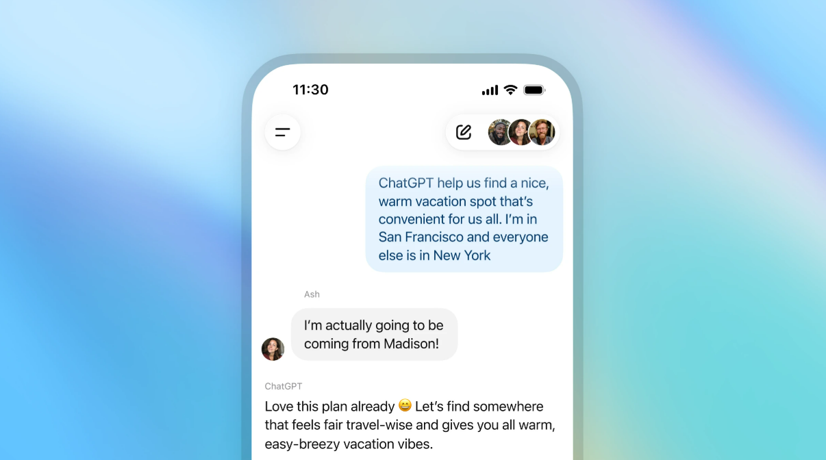 ChatGPT group chat helping users plan a warm vacation across different locations