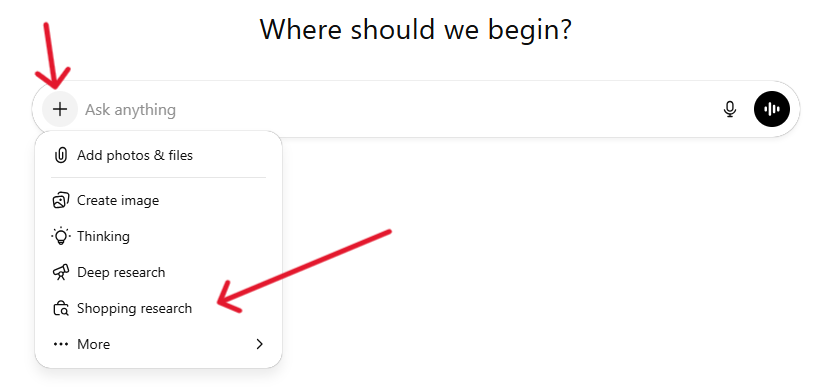 Activate ChatGPT Shopping Research manually by opening the plus (+) menu and selecting it from the dropdown list.