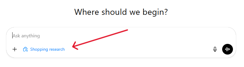 Manual access to ChatGPT Shopping Research begins with a simple click — just tap the Shopping Research link below the search bar.