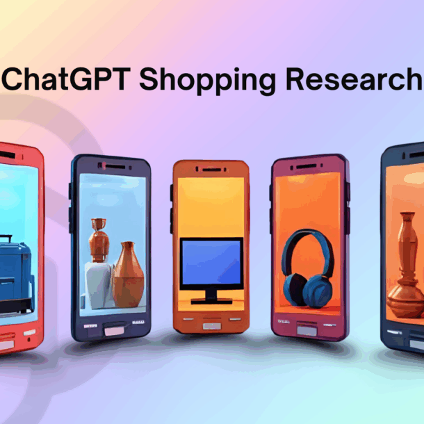 Five smartphone screens displaying diverse products with shopping icons, representing ChatGPT Shopping Research and AI-powered product discovery.