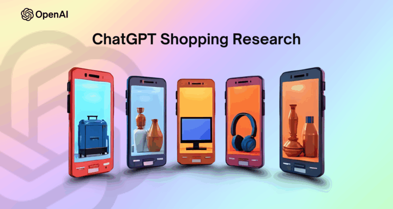 Five smartphone screens displaying diverse products with shopping icons, representing ChatGPT Shopping Research and AI-powered product discovery.