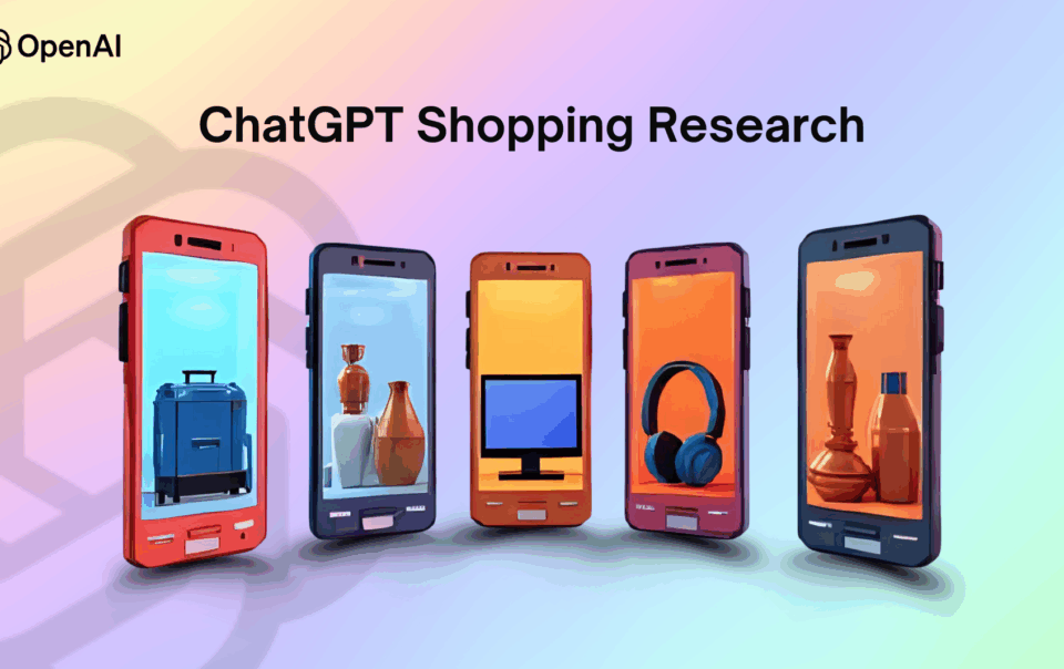 Five smartphone screens displaying diverse products with shopping icons, representing ChatGPT Shopping Research and AI-powered product discovery.