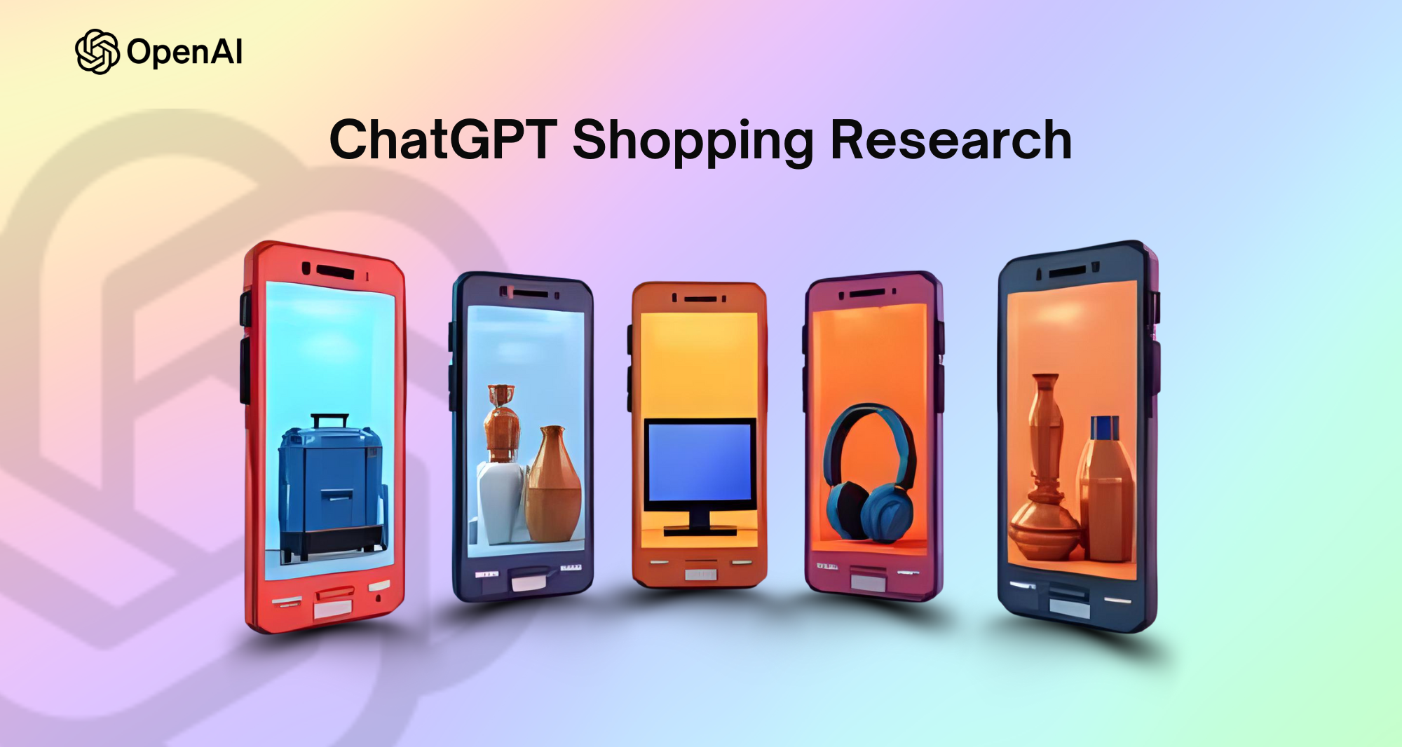 Five smartphone screens displaying diverse products with shopping icons, representing ChatGPT Shopping Research and AI-powered product discovery.