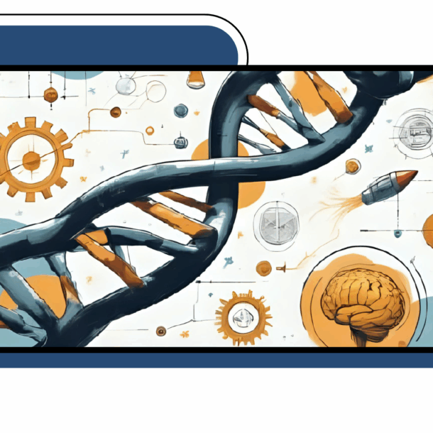 DNA strand surrounded by scientific icons like gears, brain, rocket, and molecules, symbolizing the Genesis Mission and AI-powered innovation.
