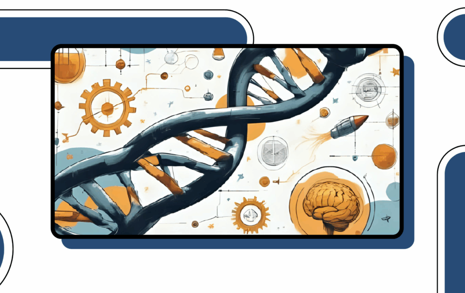 DNA strand surrounded by scientific icons like gears, brain, rocket, and molecules, symbolizing the Genesis Mission and AI-powered innovation.