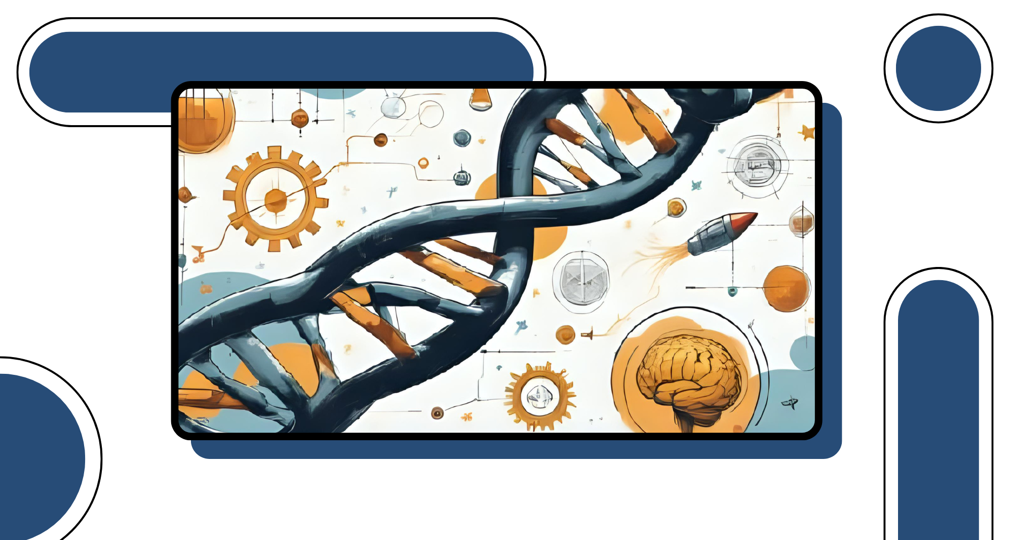 DNA strand surrounded by scientific icons like gears, brain, rocket, and molecules, symbolizing the Genesis Mission and AI-powered innovation.