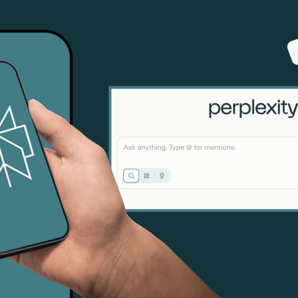 Smartphone displaying Perplexity’s AI assistant interface with geometric logo and robot character