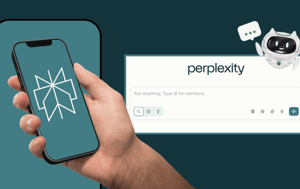 Smartphone displaying Perplexity’s AI assistant interface with geometric logo and robot character
