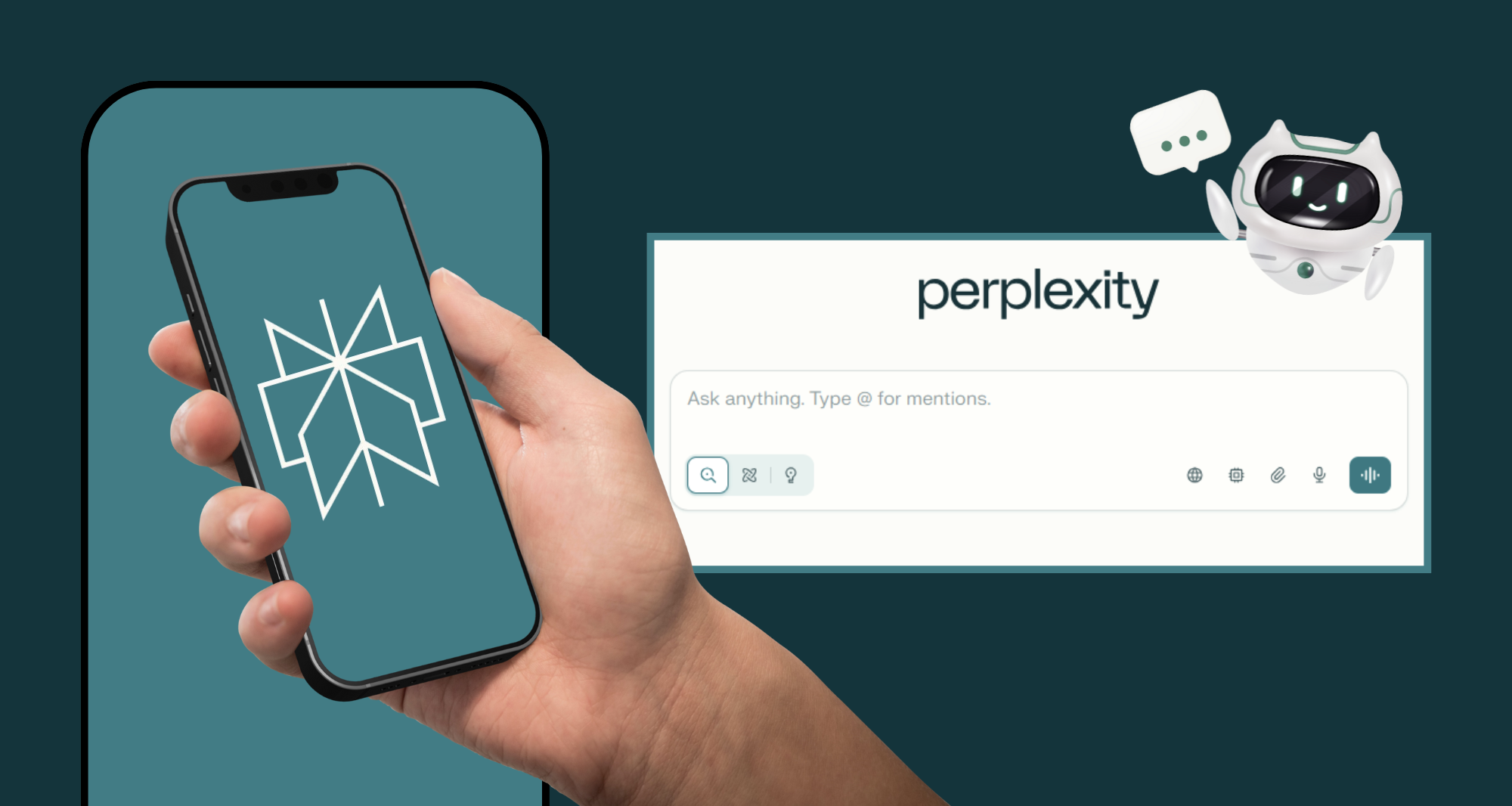 Smartphone displaying Perplexity’s AI assistant interface with geometric logo and robot character