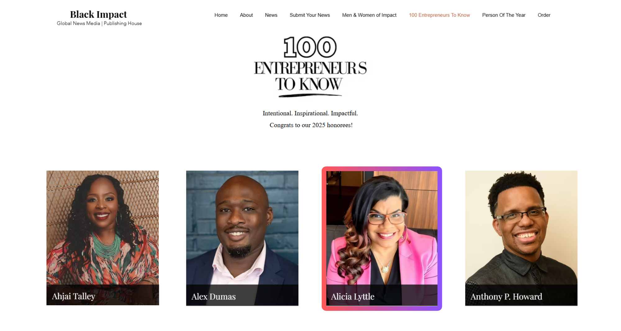 BLK Impact webpage featuring Alicia Lyttle among 2025’s 100 Entrepreneurs to Know
