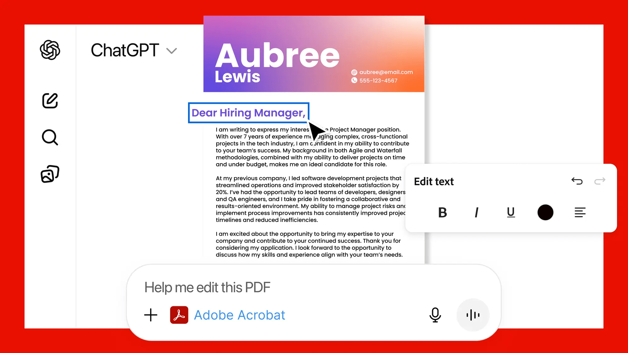 ChatGPT Adobe Integration showing creative tools for editing PDFs, images, and event invites