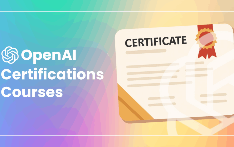 OpenAI Certification Courses with certificate illustration and colorful gradient background