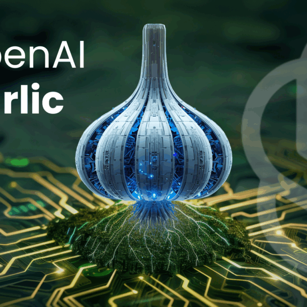 Futuristic garlic-shaped AI model on circuit board labeled OpenAI Garlic