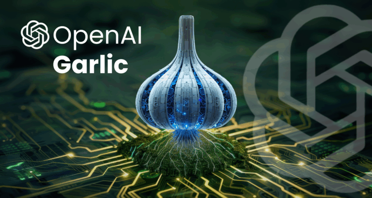 Futuristic garlic-shaped AI model on circuit board labeled OpenAI Garlic