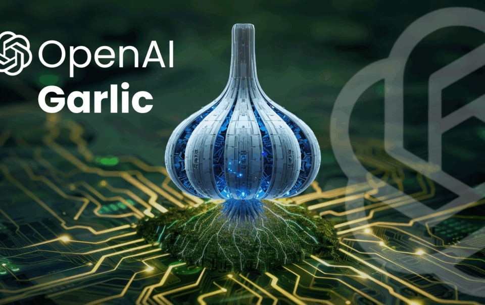 Futuristic garlic-shaped AI model on circuit board labeled OpenAI Garlic
