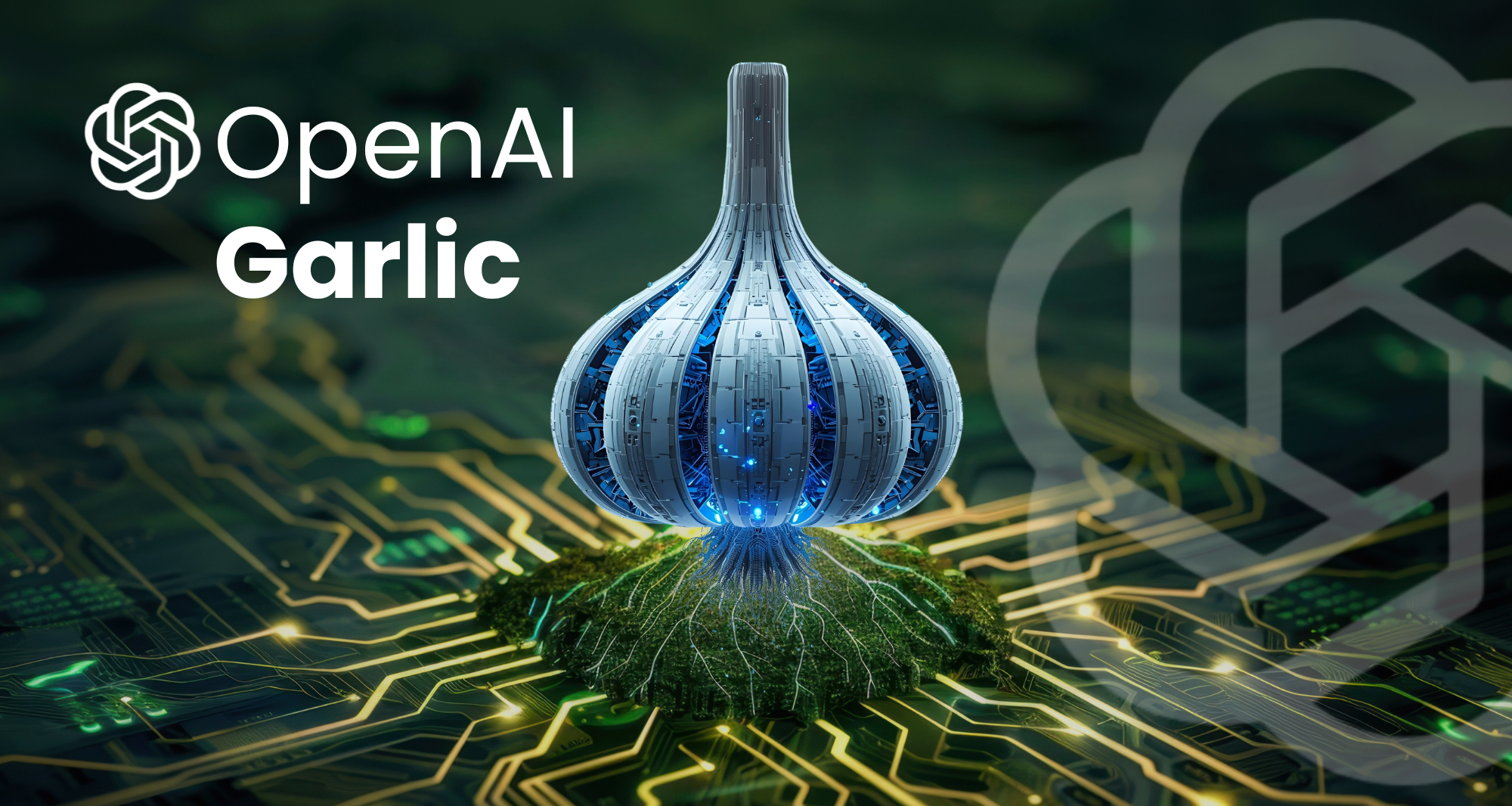 Futuristic garlic-shaped AI model on circuit board labeled OpenAI Garlic